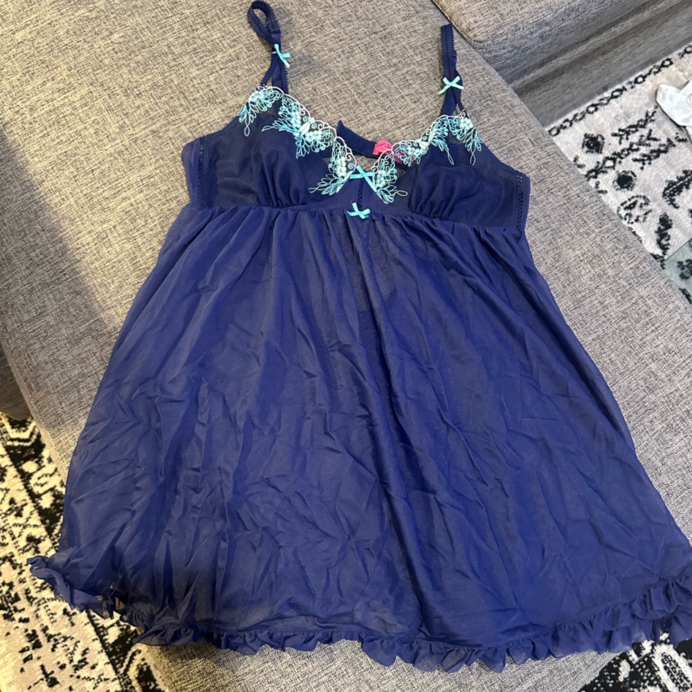 Betsey Johnson Navy and Teal Embroidered Nighty / lingerie
